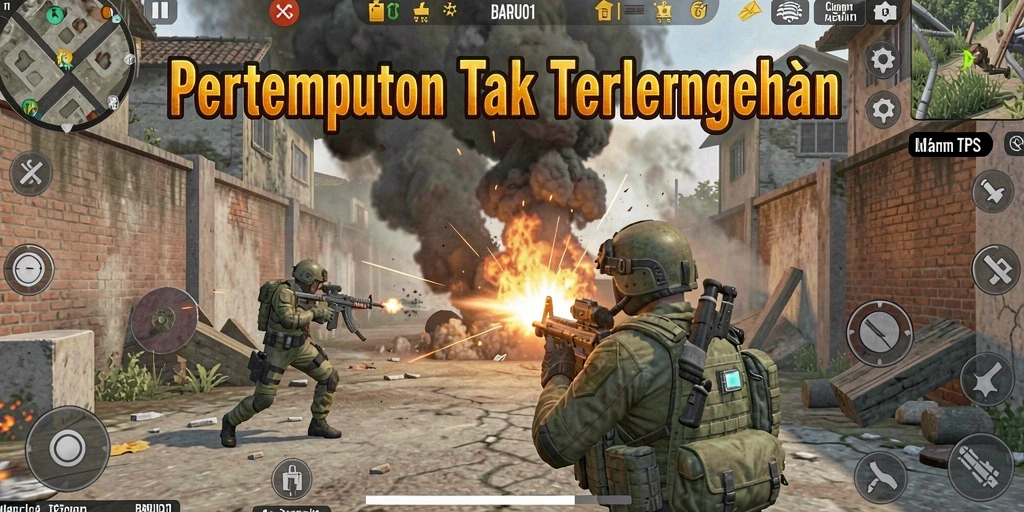 Screenshot utama gameplay BARU01 menampilkan aksi pertempuran yang intens.