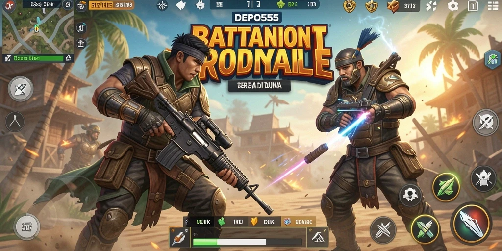Tangkapan layar gameplay DEPO555 menampilkan aksi mendebarkan di medan perang Battle Royale.