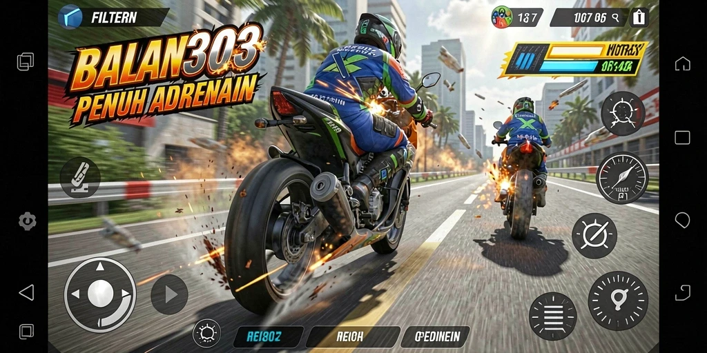 Gameplay seru dan mendebarkan di FILTER303 saat balapan motor.