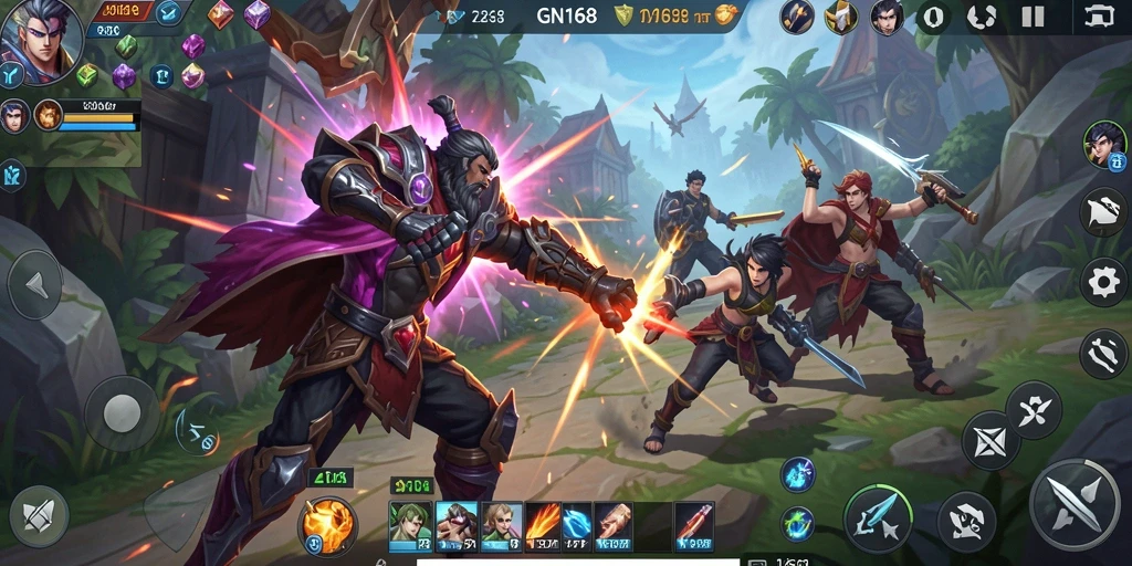 Tampilan gameplay menyeru dari GN168 yang menunjukkan aksi MOBA yang intens.
