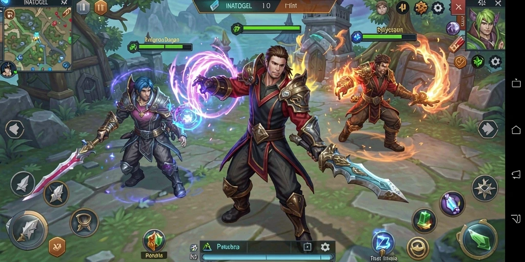 Tangkapan layar gameplay INATOGEL menunjukkan pertempuran epik dan karakter yang menakjubkan.