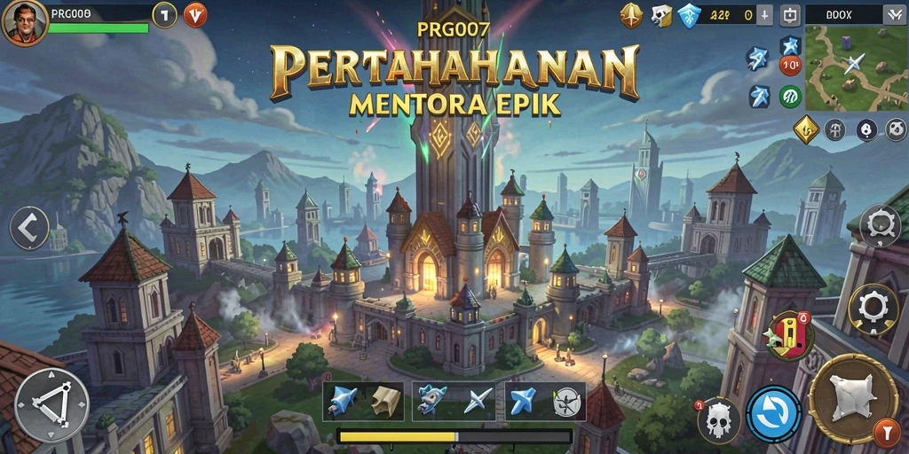 Skrinsut gameplay PRG007 menunjukkan menara yang siap melawan gelombang musuh.