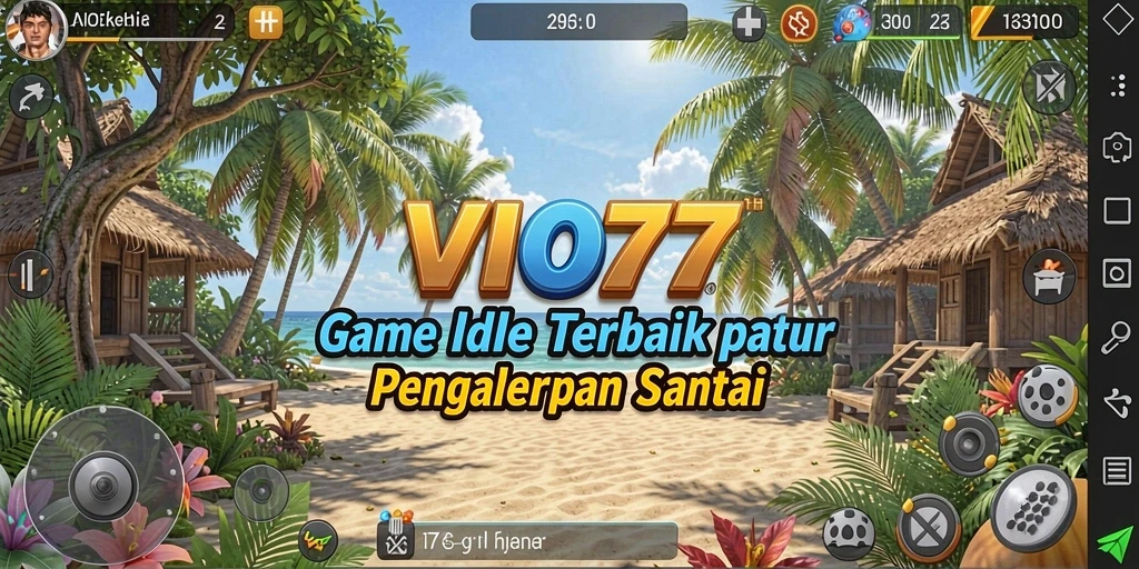 Tampilan gameplay VIO77 yang menenangkan dengan karakter mengumpulkan sumber daya.